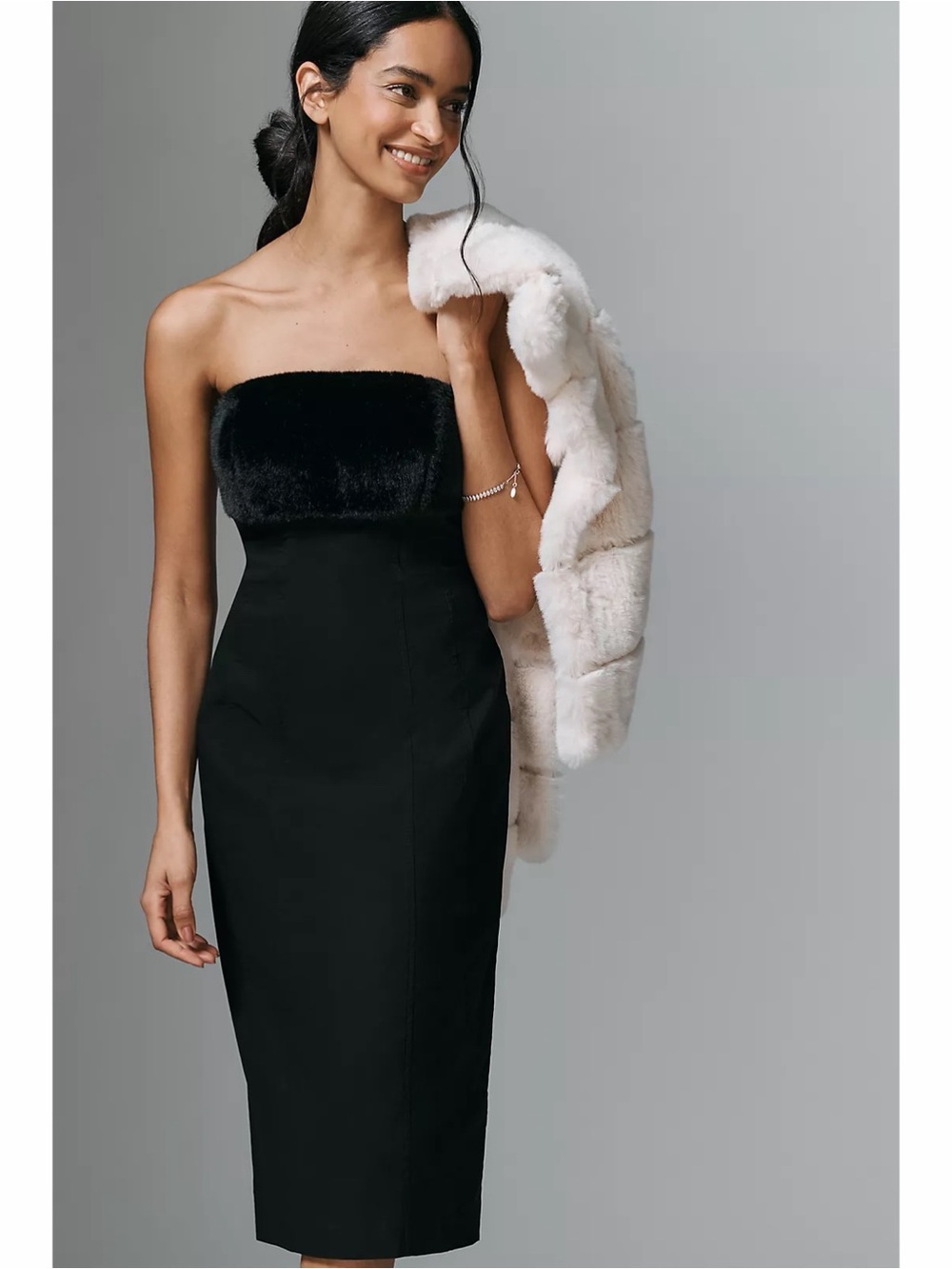 Anthropologie Black Strapless Faux Fur Trim Bodice Midi Dress Cocktail Party